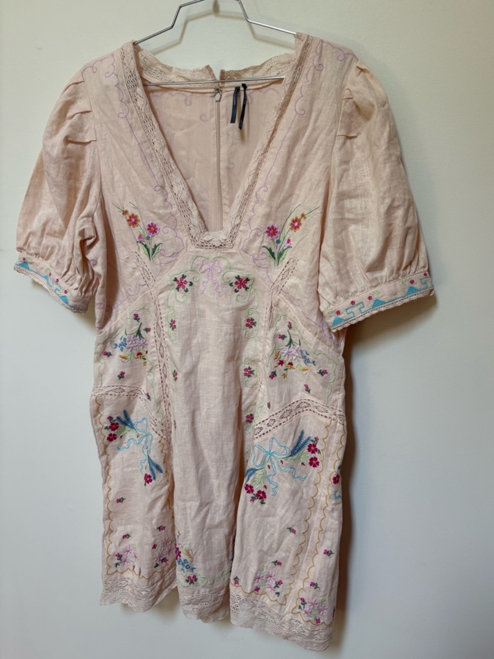 NWOT By Anthropologie Linen Blend Puff-Sleeve V-Neck Mini Dress Size 14 - Picture 4 of 16